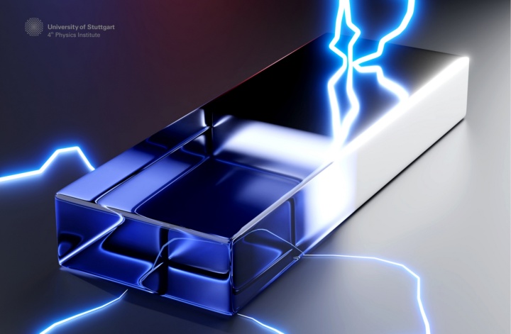 Image symbolizing electrically switchable nanoantennas. The part of the nanoantenna with the lightning from top looks metallic, with metallic luster when it is electrically charged. 
